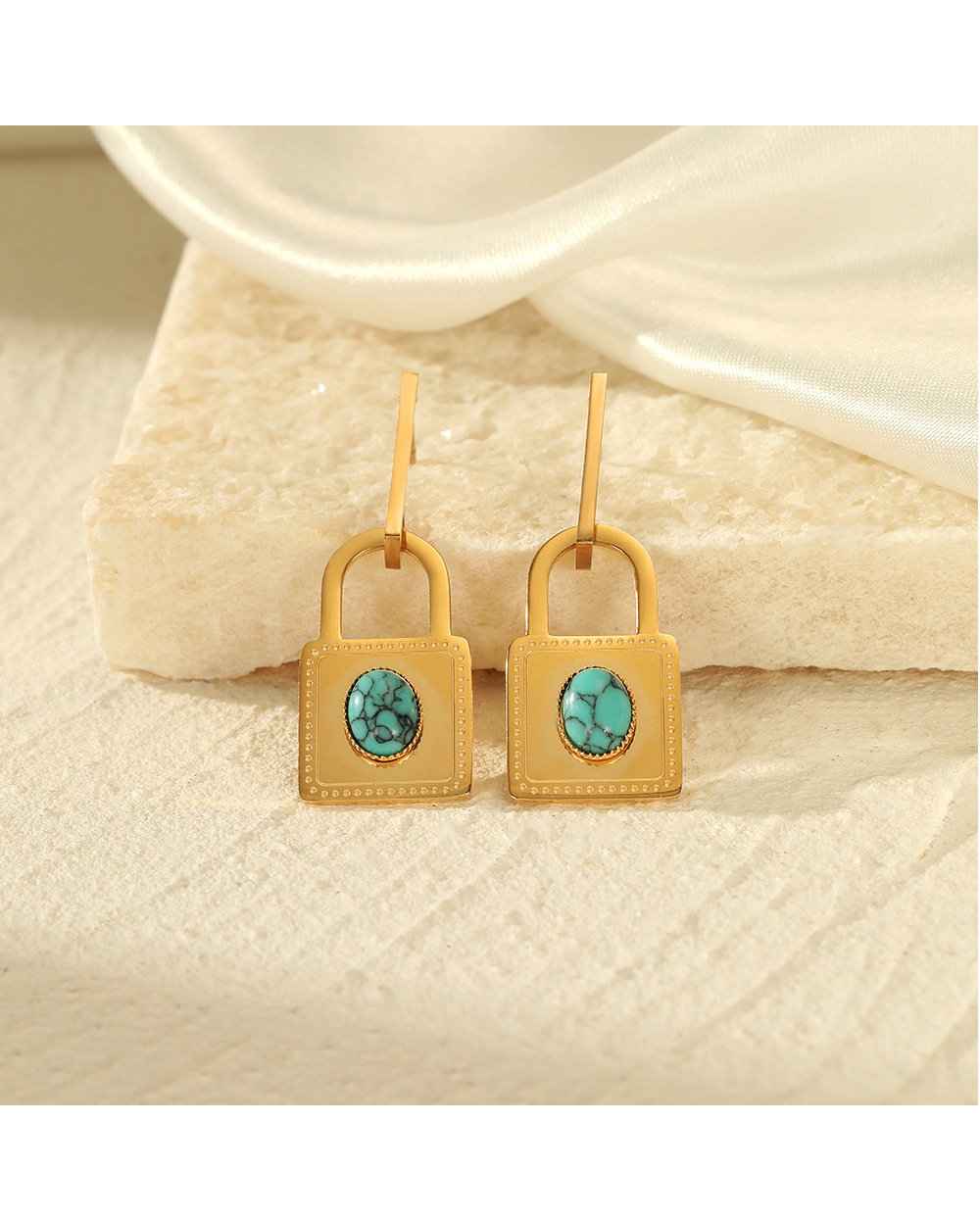 Fashion Lock Stainless Steel Plating Turquoise Drop Earrings 1 Pair display picture 3