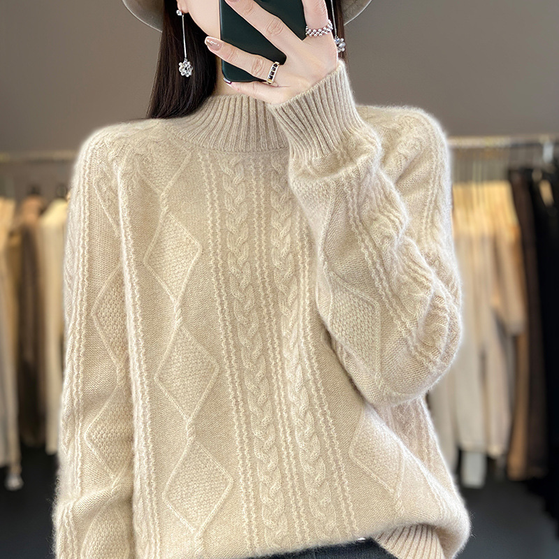 Autumn and winter New 100% pure woolen sweater women's half-high twisted long-sleeved sweater Korean style all-match wool bottoming sweater