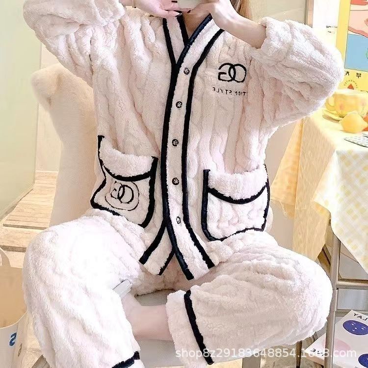 Coral fleece autumn and winter New Home wear thickened warm pajamas suit wholesale flannel Chanel style soft Women