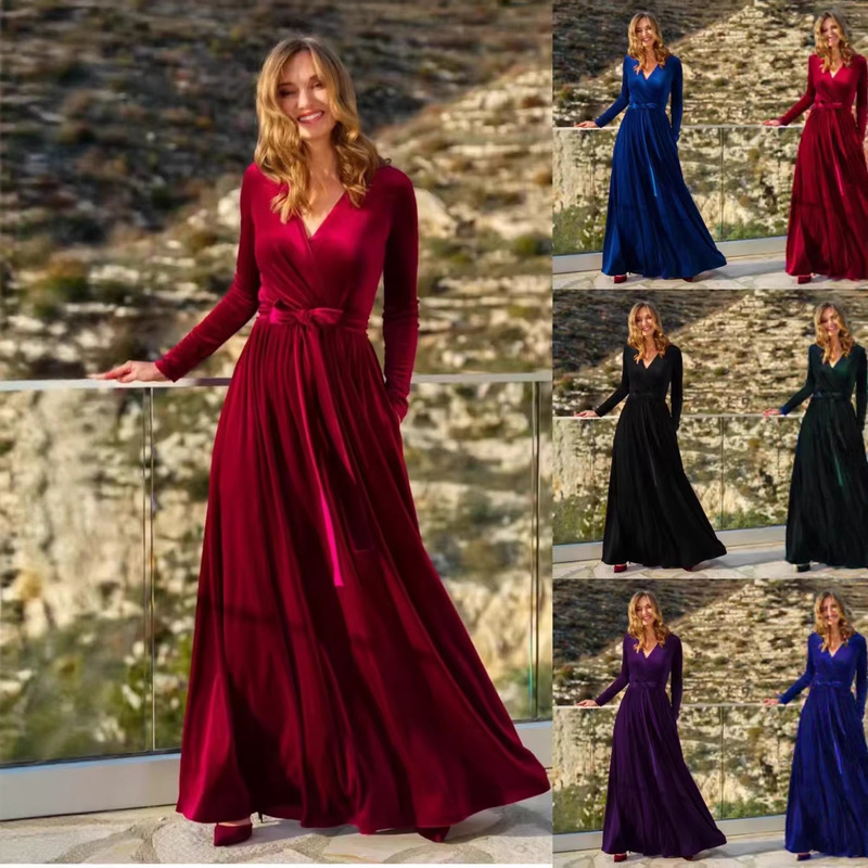 Women's Autumn and Winter New Korean Velvet Elegant and Fashionable Ladylike Style Long V-Neck Ladies Bridesmaid Dress