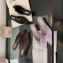 韩版尖头绸缎蝴蝶结细带包头半拖鞋女2025年秋新款时尚百搭凉拖鞋