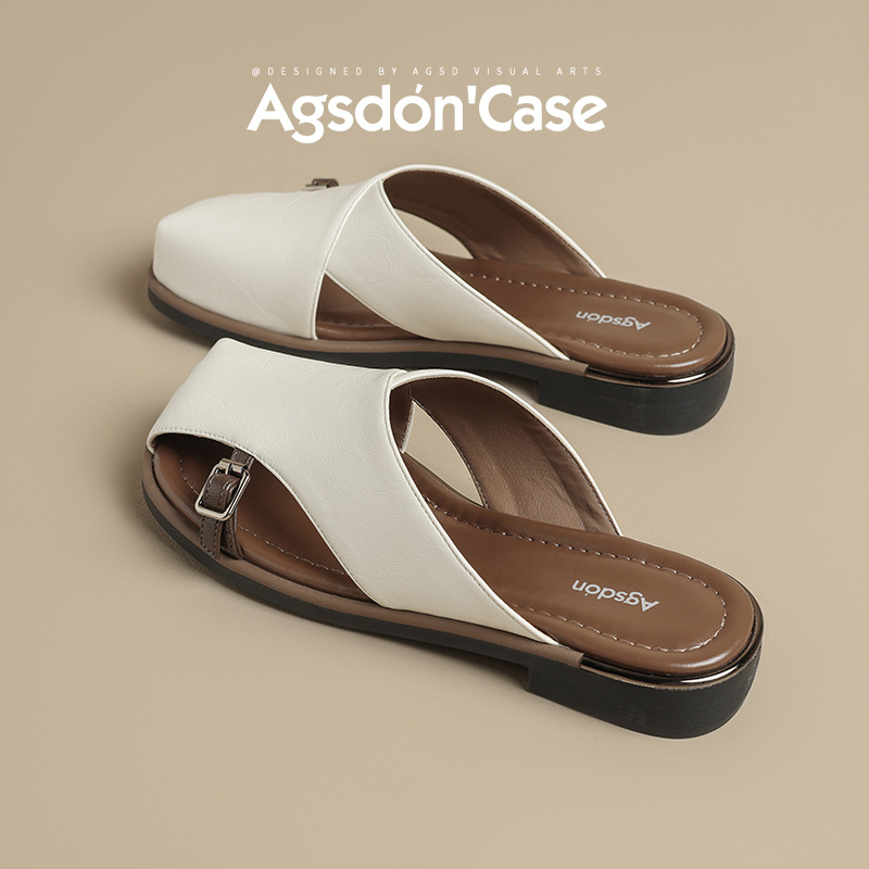 Auguin Shideng pantuflas mujer 2025 nuevo estilo de verano, sandalias de media arrastre Baotou, hermosas sandalias planas con falda