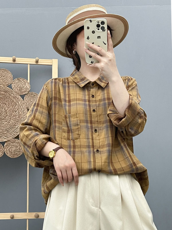 2025年春秋新款色织棉纱格纹长袖衬衫女休闲百搭宽松衬衣开衫上衣|undefined