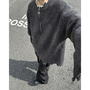 American-style High Street Waste Soil Half-zipper Broken Pullover Sweater Men's Autumn and Winter Loose Street Design Sense Knitwear
