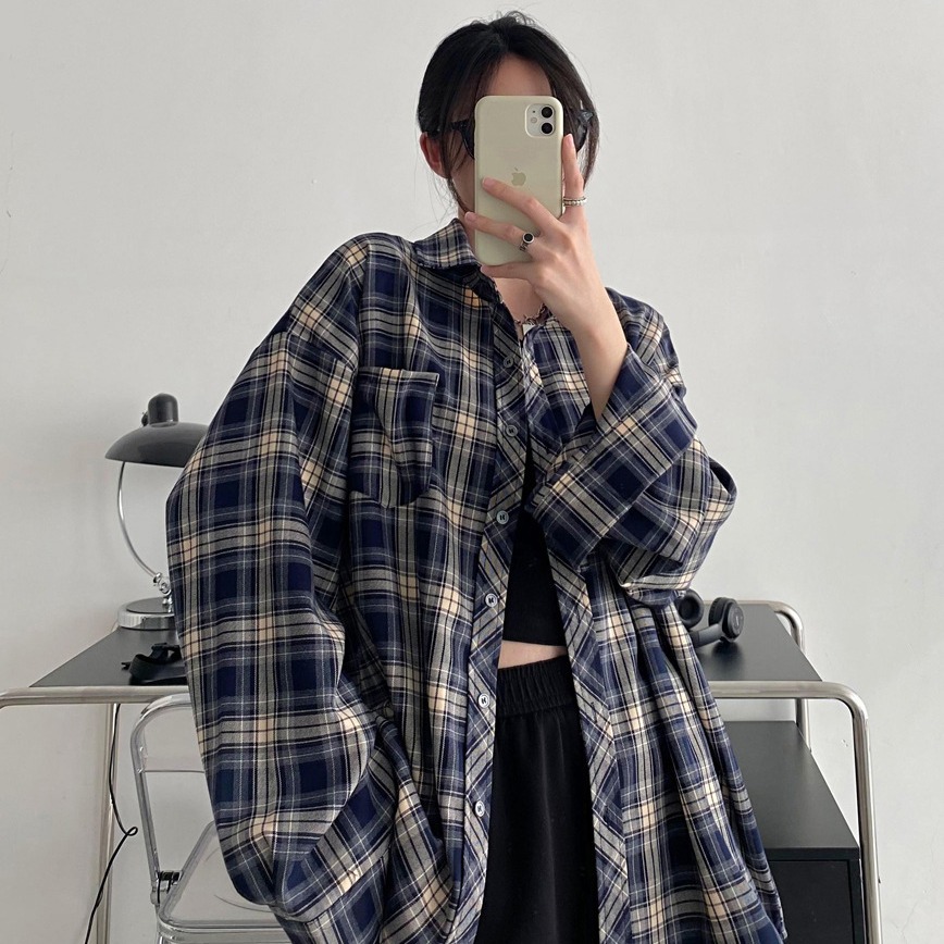 Camisa a cuadros retro americana para hombres y mujeres abrigo primavera y otoño cardigan diseño suelto camisa exterior de manga larga superior