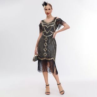 1920 European and American Retro Evening Dress Tassel Dress High End Banquet Party Sequin Beaded Dress Amazon Cross Border