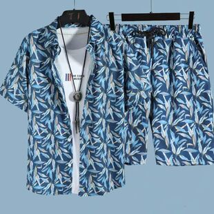 Casual suit Men's Quick-drying Hawaii Beach suit Men's Short-sleeved Floral Shirt Beach Shorts Couple's Two-piece Set