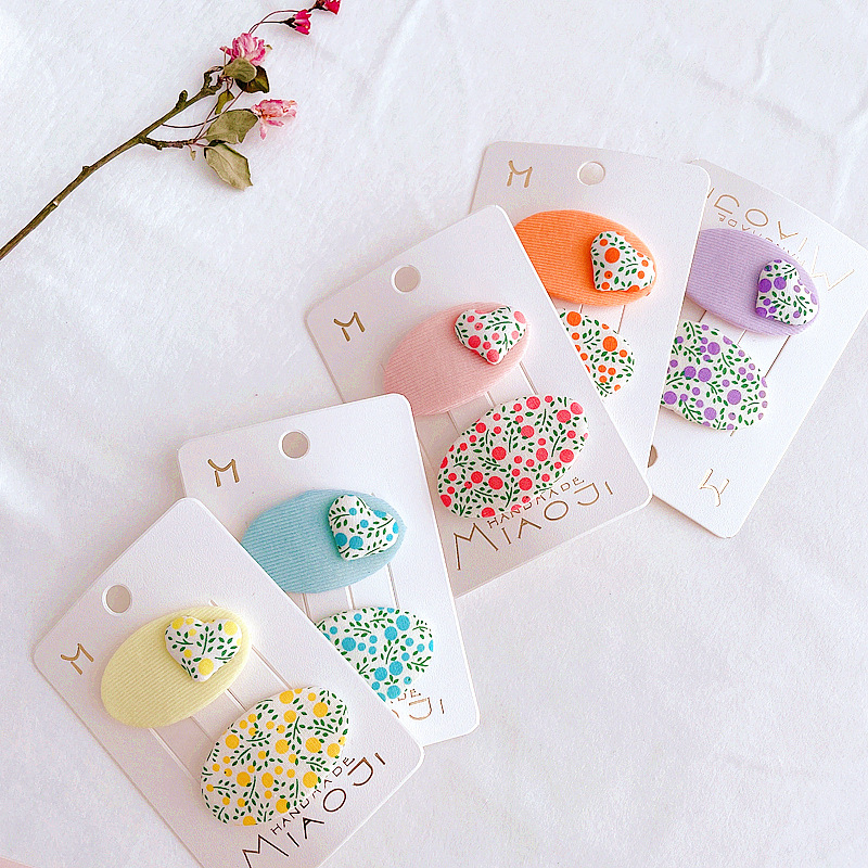 新款韩版清新田园风拼色小碎花椭圆爱心儿童BB夹对装流海夹|ru