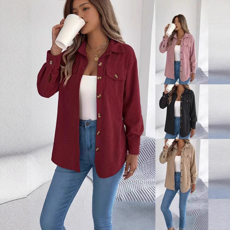 2025 Cross-Border Foreign Trade Women's Casual Clothing European and American Corduroy Striped Mid-Length Coat Shirt European and American Style