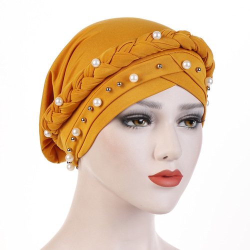 Amazon New Milk Silk Headscarf Hat Monochrome Single Braided Hat with White Pearl for Muslim Women