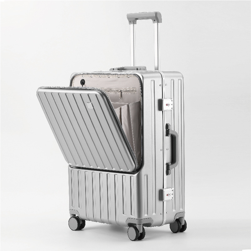 Apertura frontal equipaje de las mujeres marco de aluminio de los hombres caso de embarque maleta de 20/24 pulgadas soporte para teléfono móvil caja de la carretilla de carga USB