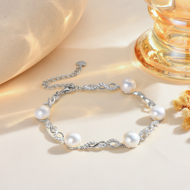 Elegant Silver Moissanite Pearl Bracelet, Natural Freshwater Pearl Jewelry for Women, Mother's Day Gift