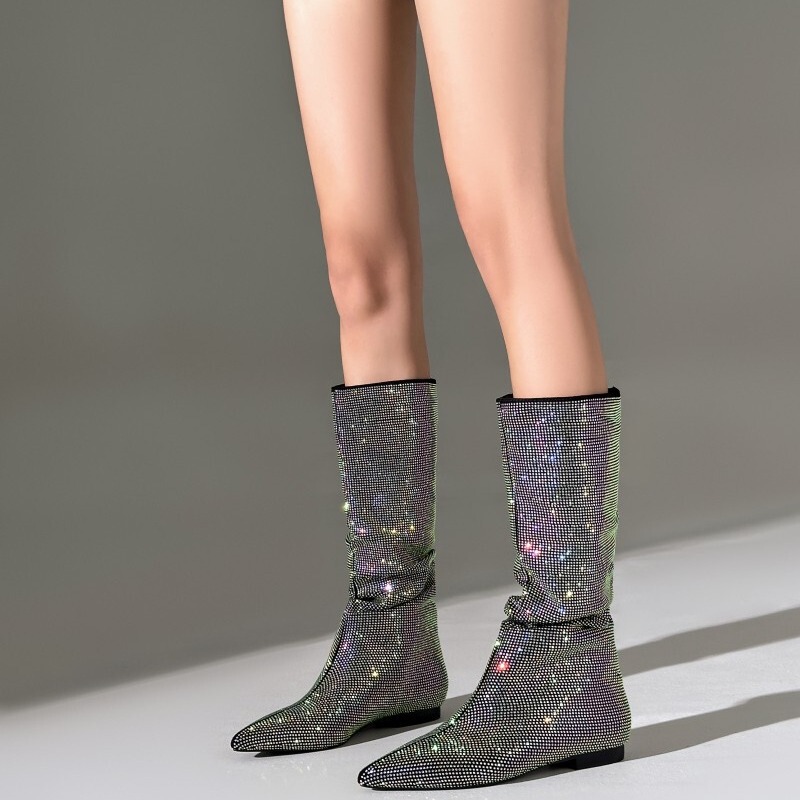 European and American Foreign Trade Amazon Rhinestone Pointed Toe Pleated Slouch Boots Large Size Flat Knee-High Boots Full Rhinestone Fashion Boots