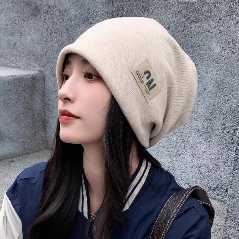 黑色堆堆帽女秋冬季新款大头围显脸小包头帽时尚百搭针织套头帽子|undefined