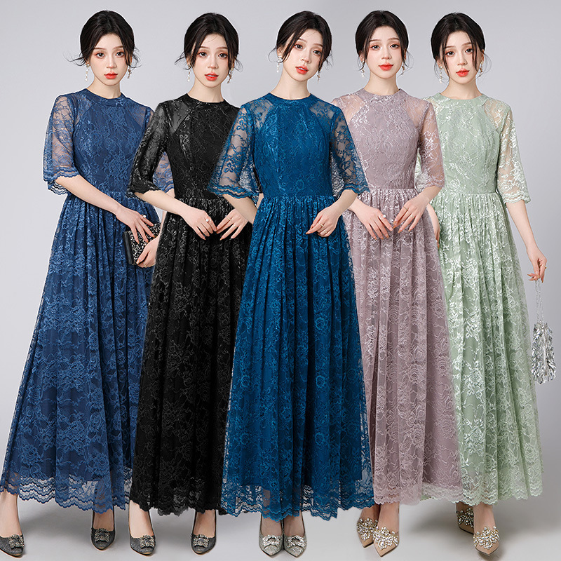 Korean Style Dress 2026 New Elegant Slimming Lace Long Dress Halter Neck Mid-Sleeve Slim Fit Host Annual Meeting Evening Dress