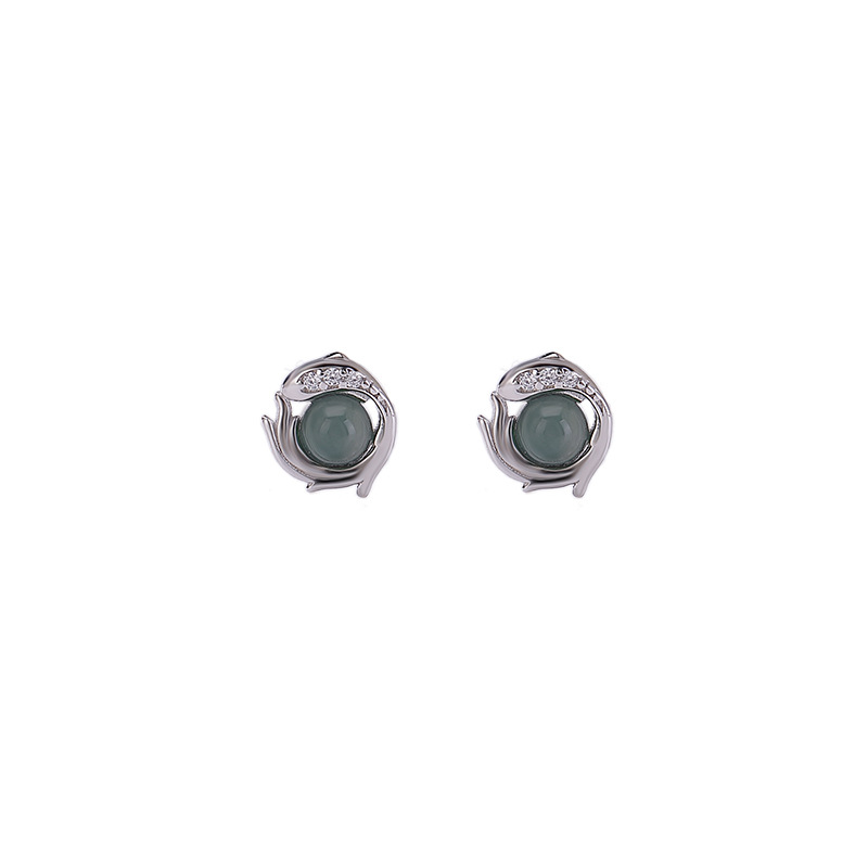 Khuyên tai bạc S925 hình cá chép ngọc bích xanh — Cặp đôi