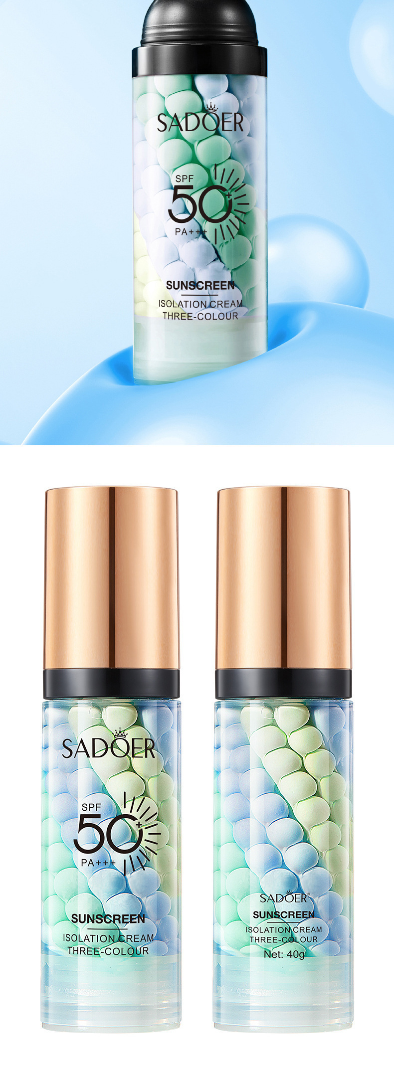 Cross-border foreign trade SADOER three-color sun protection cream uniform skin color before makeup base isolation protective cream
