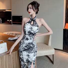 高级感复古优雅气质开叉水墨印花修身改良削肩旗袍包臀显瘦连衣裙