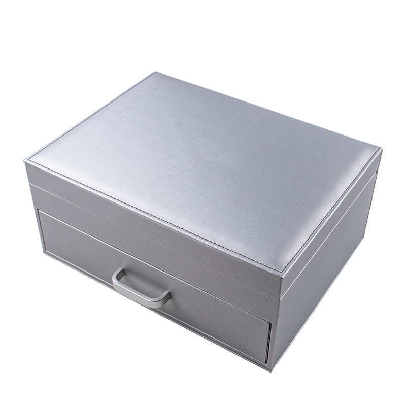 Fabricantes personalizados plata pu cuero ultrafibra caja de almacenamiento de joyería simple de doble capa salón de belleza caja de regalo de cosméticos