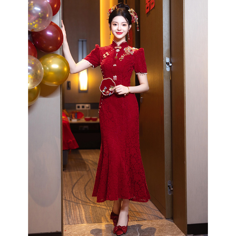 敬酒服2025新款新娘中式结婚回门订婚礼服红色修身旗袍鱼尾裙夏季