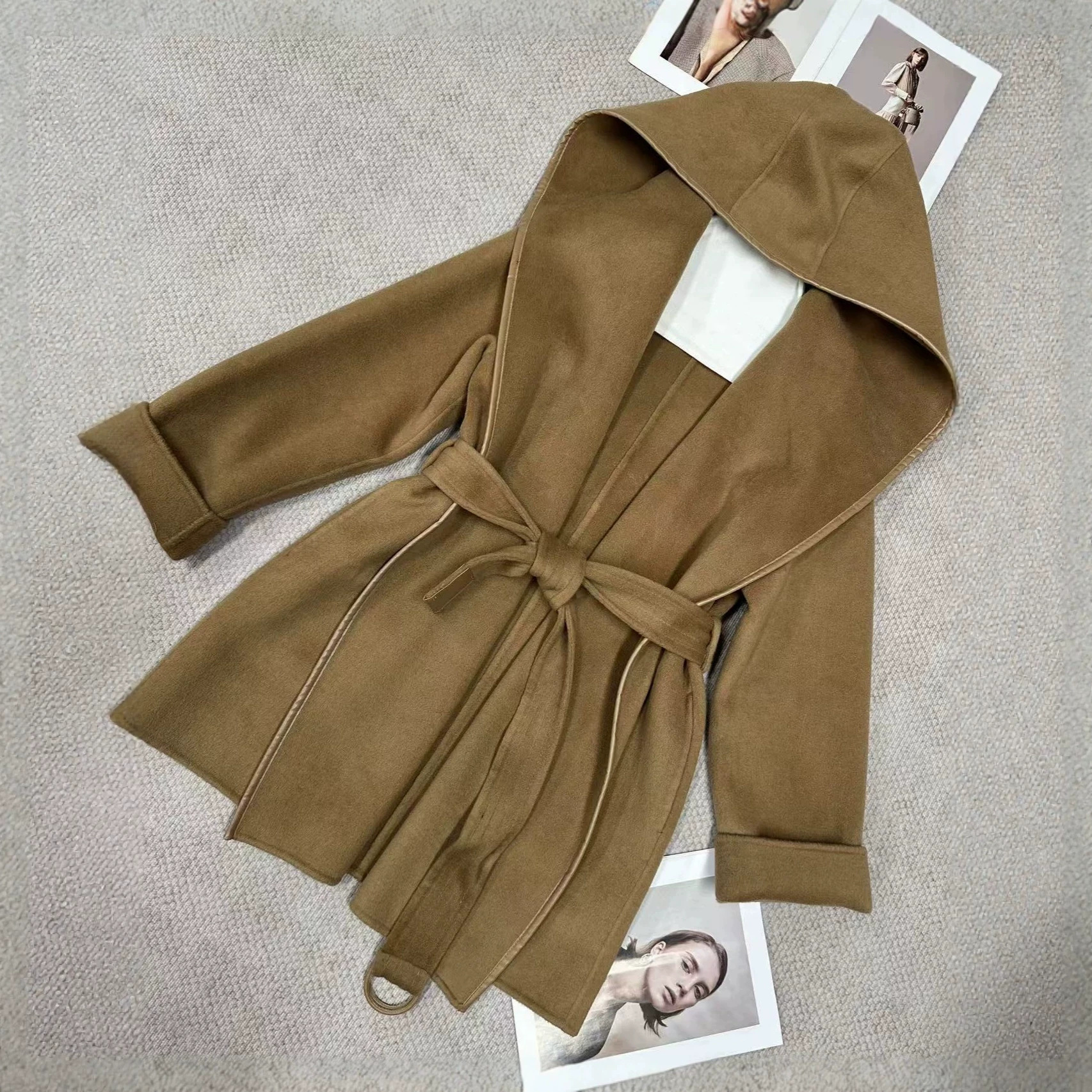 Shenzhen Nanyou 2026 Autumn/Winter New Double-Sided Hand-Sewn Cashmere Hooded Bathrobe Style Wool Coat for Women