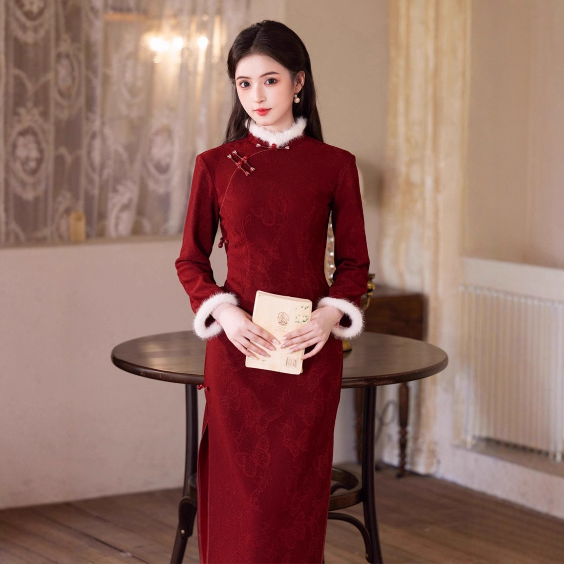 2025冬季新款 提花加绒加厚长款旗袍红色新娘敬酒服订婚礼服旗袍