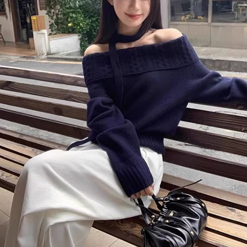 韓国風ワンショルダーリボンオフショルダーセーター女性用25秋冬優しい風ツイストニットセータープルオーバートップ