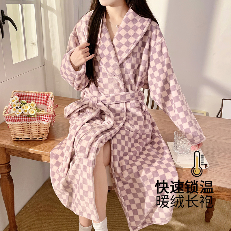 Autumn and Winter Flannel Nightgown for Women Fleece-Lined Warm Mid-Length Bathrobe Pajamas Lace-Up Sweet Ladies Warm Home Clothes
