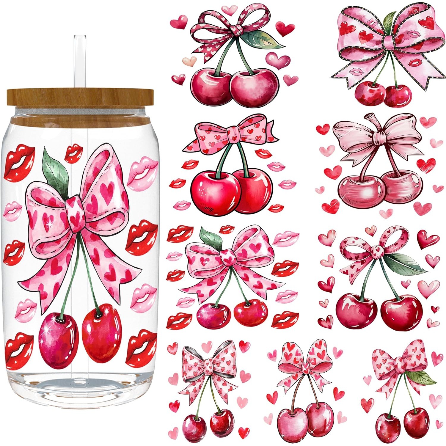 可移除UV杯贴纸16oz情人节樱桃蝴蝶结4张适用于马克杯笔记