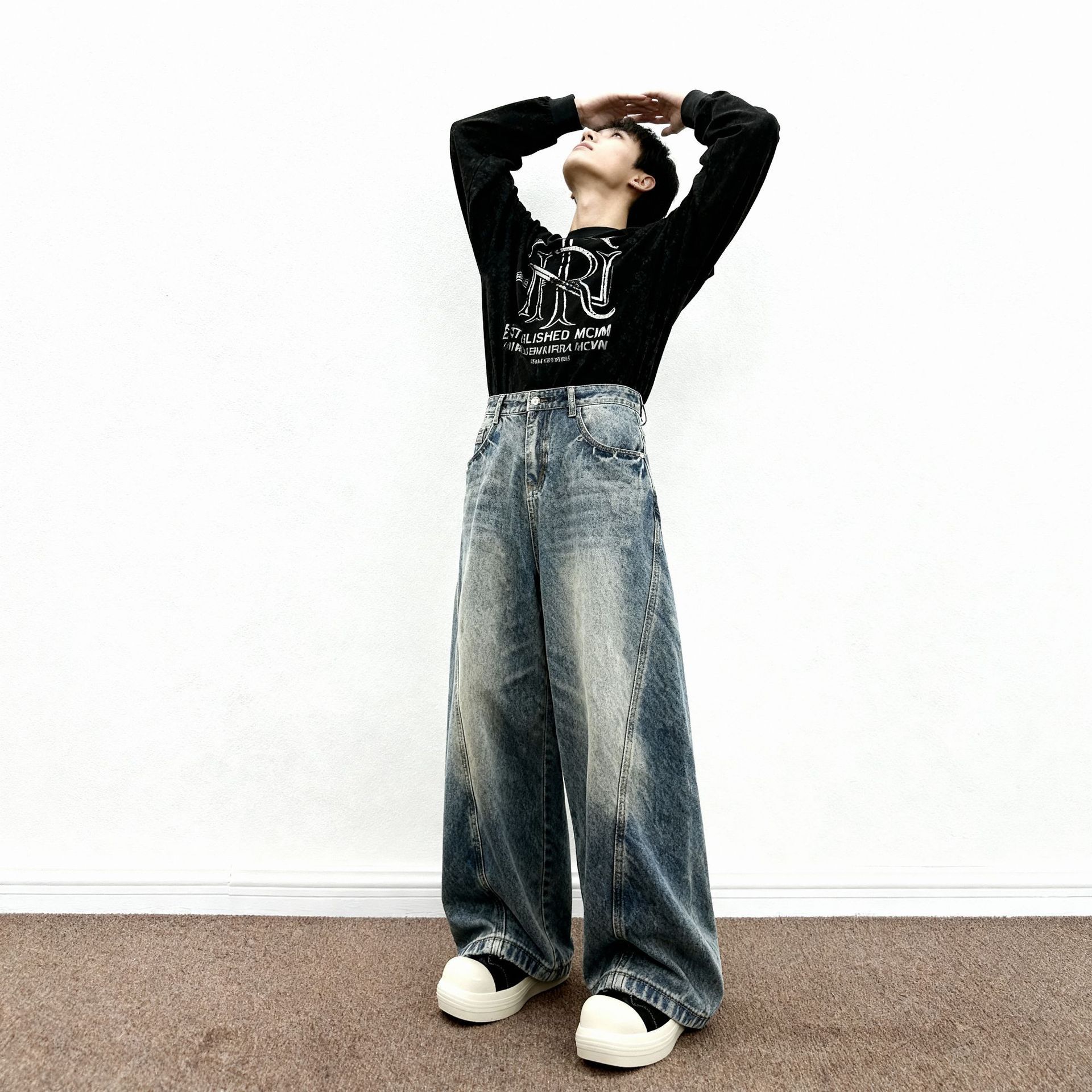 Men's Relaxed Fit Straight Leg Stretch Denim Jeans Vintage Wash Casual Comfort Pants_mkmklike.com