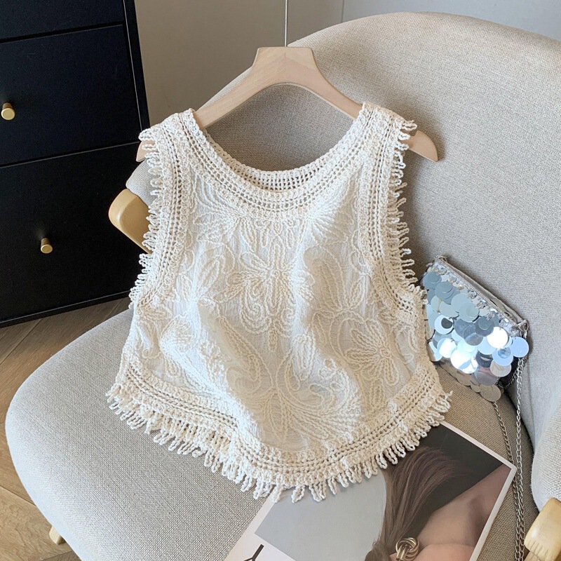 French Retro Round Neck Hollow Sleeveless Tassel Vest Women's Summer Short High-End Temperament Outer Blouse Top