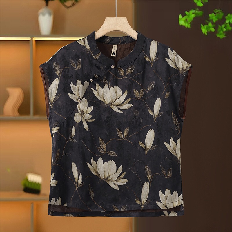 Elegant and Delicate New Chinese-Style Silk Blouse for Women, Summer Stand-Collar Flutter-Sleeve Shirt, Petite Youthful Doll Shirt