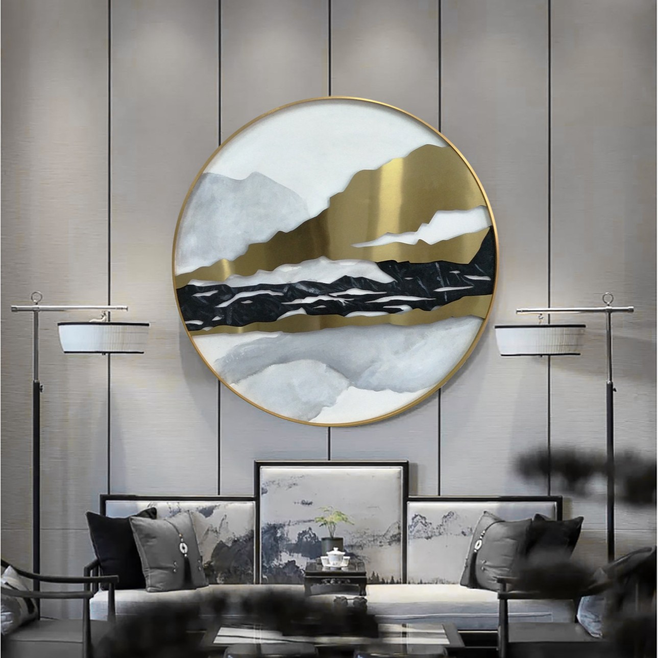 禅意玄关装饰画客厅卧室挂画轻奢中式风格山水壁画酒店晶瓷漆画