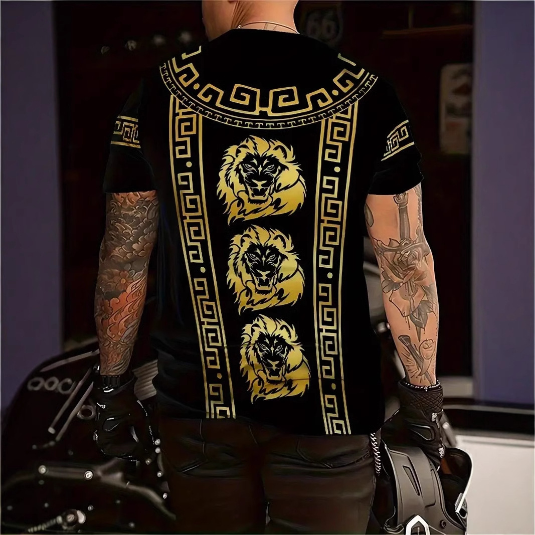 Camiseta de cuello redondo de manga corta transpirable de malla suelta de verano para hombre con estampado digital 3D con patrón de león dorado retro