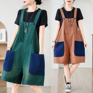 Plus-Size Color-Block Denim Overalls 2024 Summer New Fashion Loose Slimming Wide-Leg Shorts Trendy