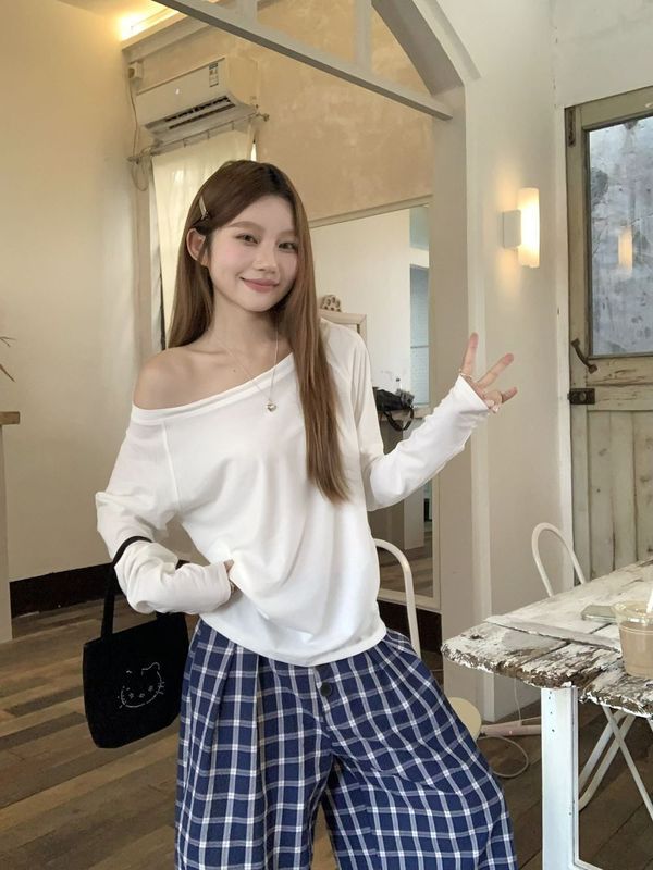 美式复古斜肩长袖t恤女早秋季上衣2025新款设计感小众宽松打底衫|undefined