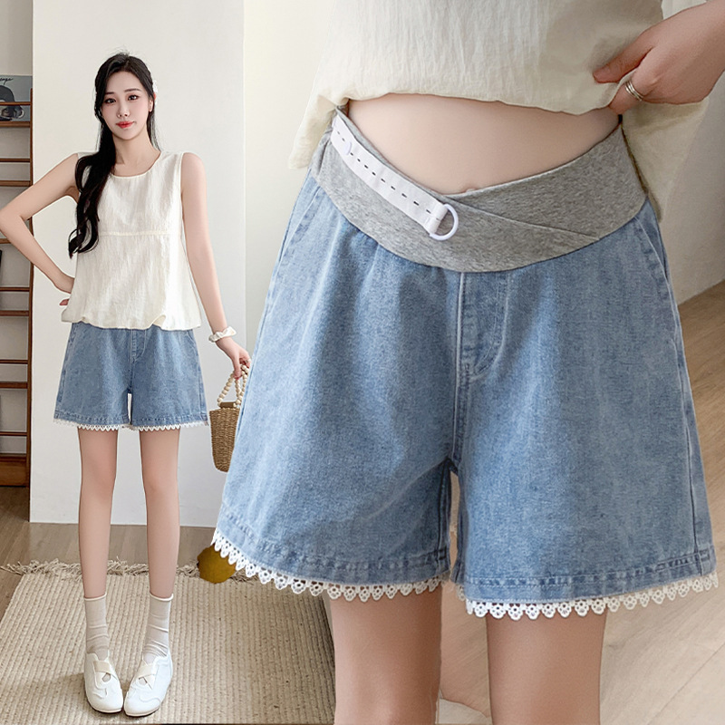 Maternity Sweet and Spicy Lace Denim Shorts for Women, Summer Loose Fit, Slimming Wide-Leg A-Line Plus Size Versatile Wide-Leg Hot Pants