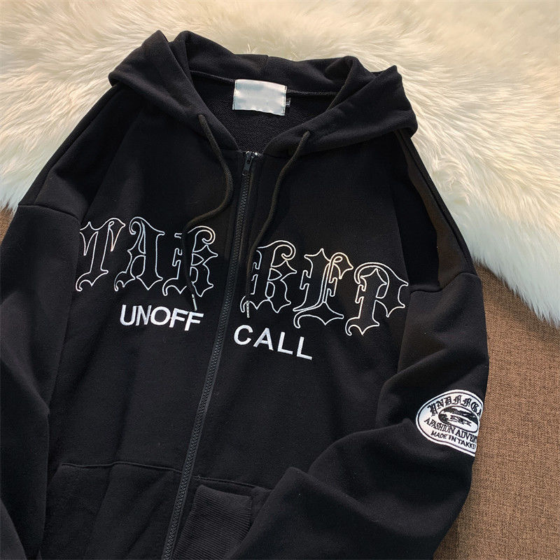  Abbigliamento da donna giacca cardigan in felpa casual allentata con tasca con cappuccio ricamata con lettera retrò_voghion.com