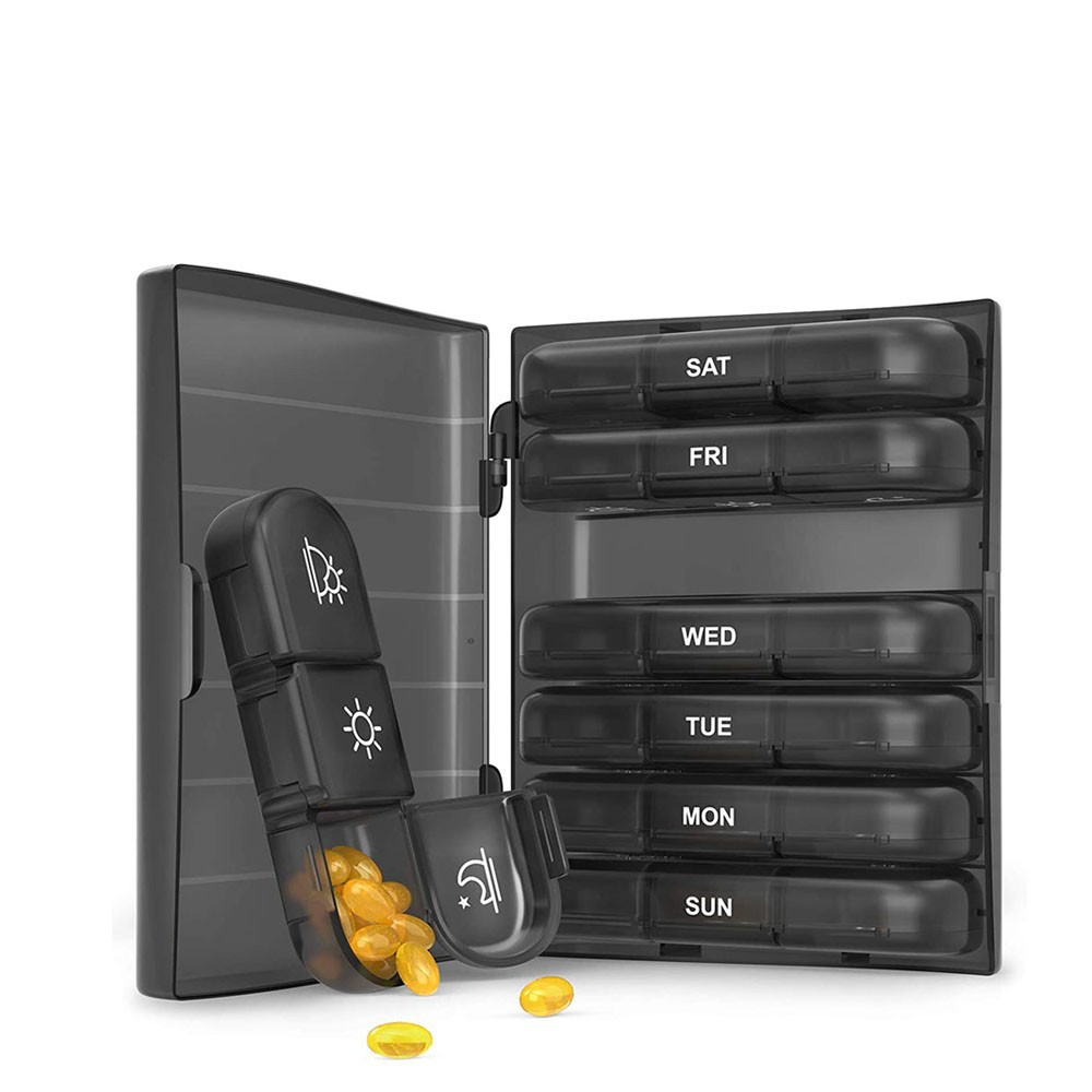 Práctica caja de plástico para medicamentos para el hogar, sellada y a prueba de humedad, de calidad alimentaria, caja semanal para medicamentos con 7 días y 21 compartimentos, caja de almacenamiento dividida.