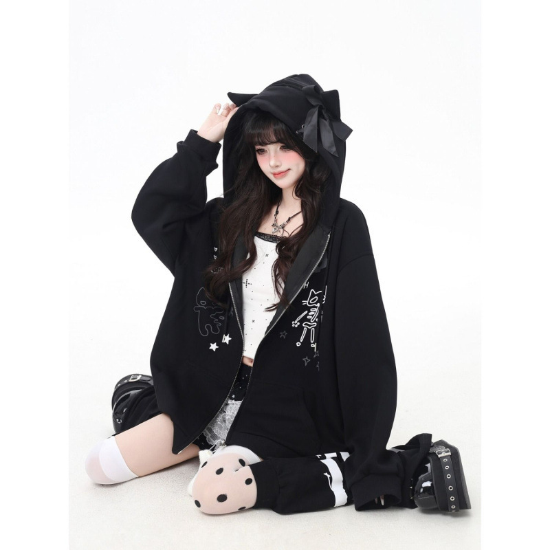 Dongdaemun cute cat-ear hooded sweatshirt with straps, niche loose design, women's zip-up thin jacket for spring and autumn Dongdaemun cute cat-ear hooded sweatshirt with straps, niche loose design, women's zip-up thin jacket for spring and autumn