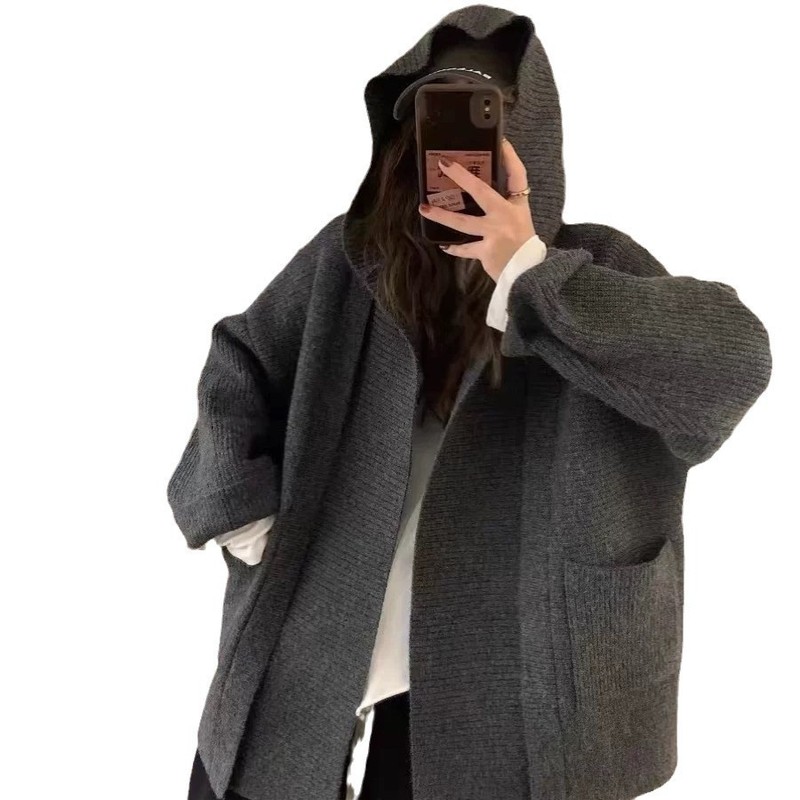 高级感连帽毛衣外套上衣女秋冬复古气质宽松慵懒大衣针织开衫加厚|undefined