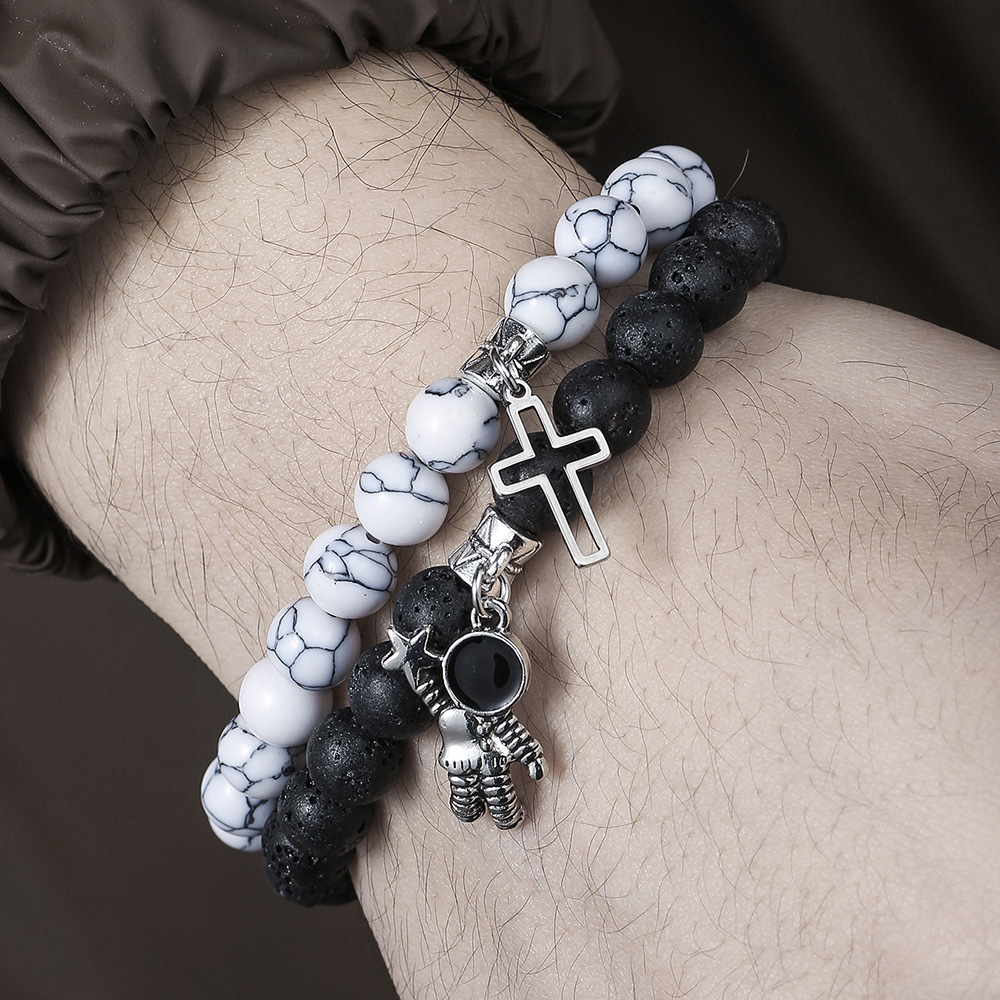 Elastic Couple Bracelet With Volcanic Stone And Astronaut Charm_voghion.com