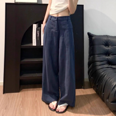 老钱风西装藏青色阔腿裤女2025秋新款高腰直筒宽松垂感麻休闲裤
