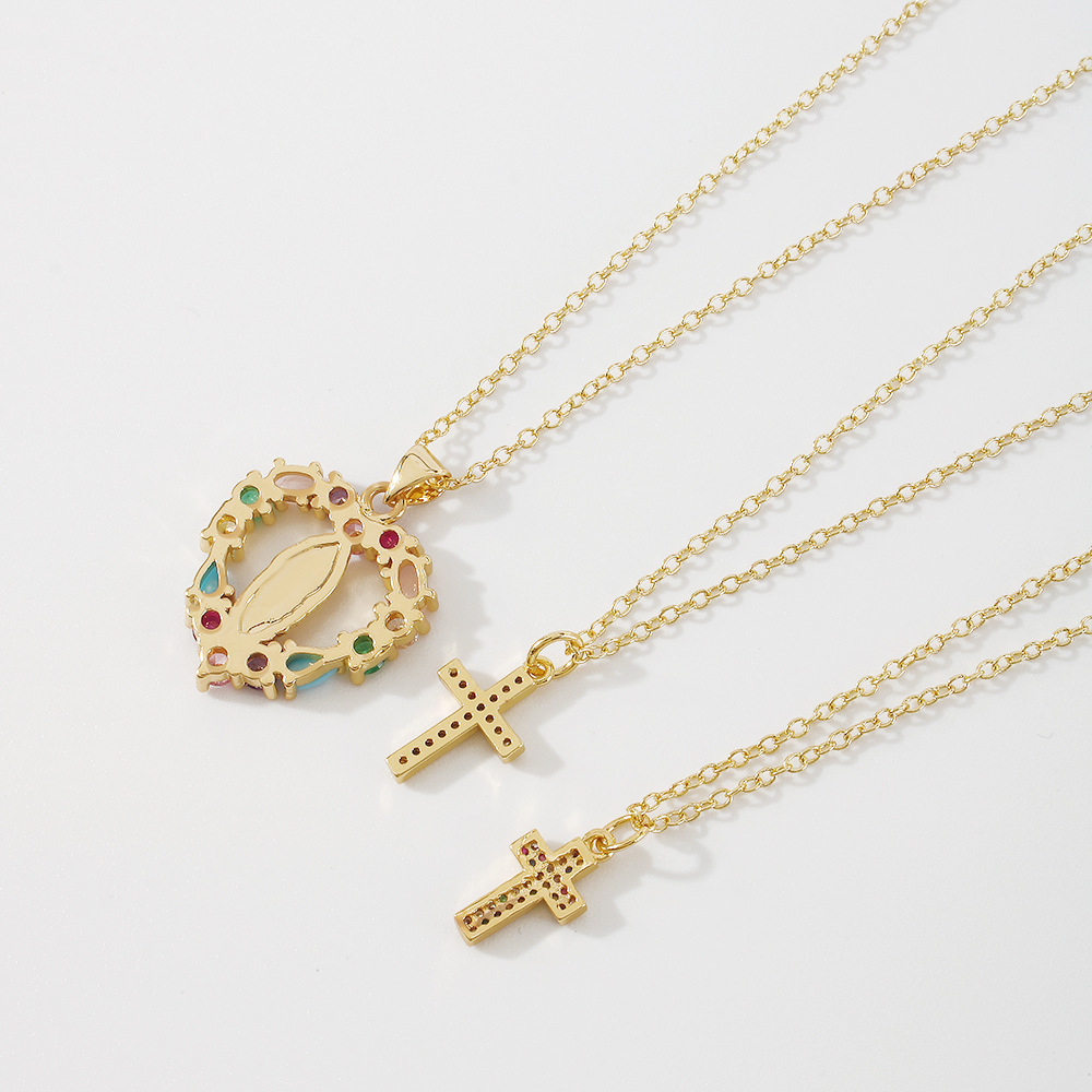 fashion simple cross heart brass inlaid color zircon necklace wholesale
