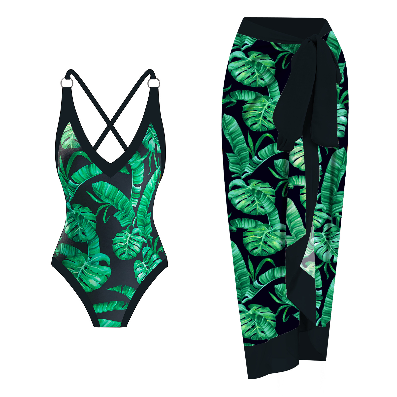 Dames badpak met bedrukte jumpsuit en strandrok van gaasstof_voghion.com
