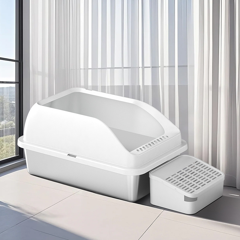 La caja de arena para gatos de acero inoxidable es fácil de limpiar, ensanchar, engrosar, arena a prueba de fugas, gran espacio, inodoro para gatos abierto, protección contra salpicaduras externas, arena