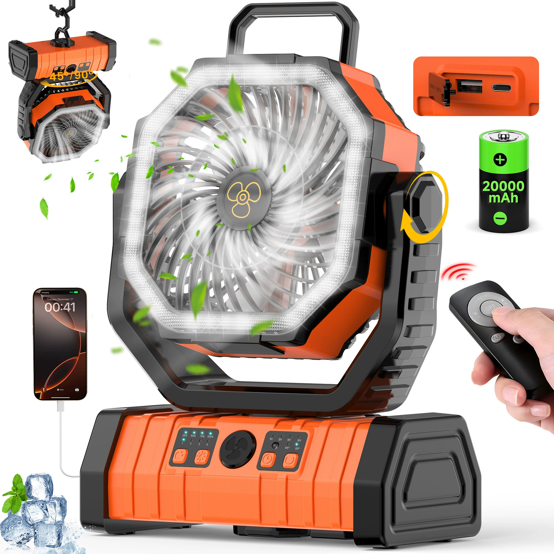 Вентилятор для кемпинга с пультом дистанционного управления, зарядкой через USB, длительным временем работы от батареи, мощным потоком воздуха, портативный, для использования на открытом воздухе, с функцией вращения влево-вправо.