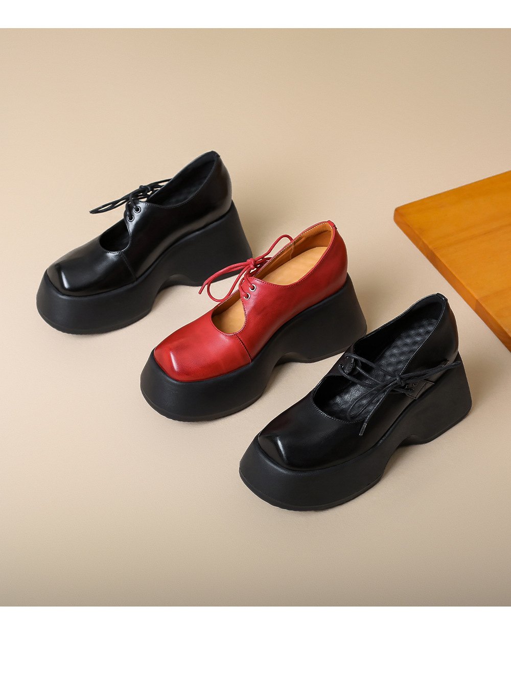 Giày Mary Jane nữ đế dày 10 cm mũi tròn phong cách Anh quốc da thật — màu đen chi tiết 15