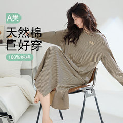 A类纯棉长袖睡裙女秋冬季韩版宽松大码女条纹时尚新款连衣裙睡衣