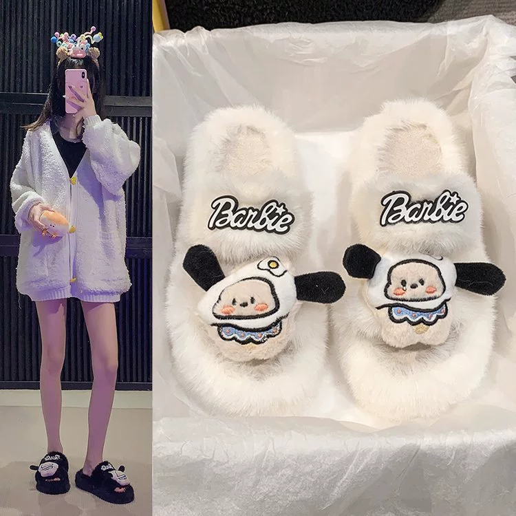 Мультяшные Аниме меховые тапочки женские модные носить на улице 2024 новые домашние толстые подошвы теплые бархатные ватные тапочки